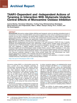 TAAR1-Dependent and -Independent Actions of Tyramine in Interaction with Glutamate Underlie Central Effects of Monoamine Oxidase Inhibition