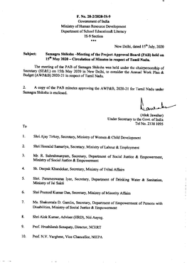 Samagra Shiksha -Meeting Ofthe Project Approval Board (Pab) Hetd on L5th May 2020 - Circulation of Minutes in Respect of Tamil Nadu