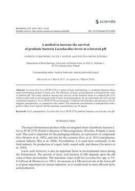 A Method to Increase the Survival of Probiotic Bacteria Lactobacillus Brevis at a Lowered Ph