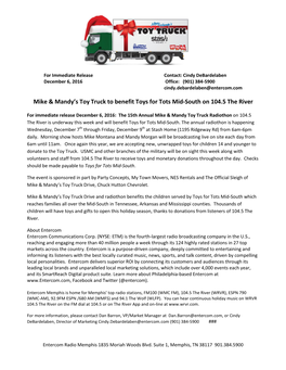 Mike & Mandy's Toy Truck to Benefit Toys for Tots Mid-South on 104.5