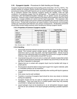 3.10. Cryogenic Liquids – Procedures for Safe Handling and Storage Cryogenic Liquids Are Liquefied Gases Having Boiling Points of Less Than -73.3O C (-100O F)