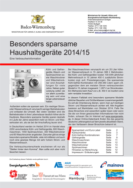 Besonders Sparsame Haushaltsgeräte 2014/15 Eine Verbraucherinformation