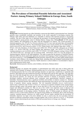 The Prevalence of Intestinal Parasitic Infection and Associated Factors Among Primary School Children in Gurage Zone, South Ethiopia