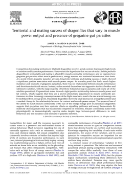 Territorial and Mating Success of Dragonflies That Vary in Muscle Power Output and Presence of Gregarine Gut Parasites