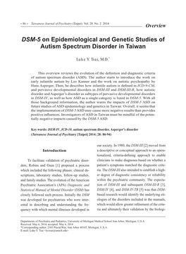 DSM-5 on Epidemiological and Genetic Studies of Autism Spectrum Disorder in Taiwan