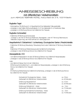 ANREISEBESCHREIBUNG Mit Öffentlichen Verkehrsmitteln Zum ABACUS TIERPARK HOTEL, Franz-Mett-Str.3-9, 10319 Berlin