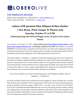 Lobero LIVE Presents Eliza Gilkyson & Nina Gerber + Eric Brace, Peter