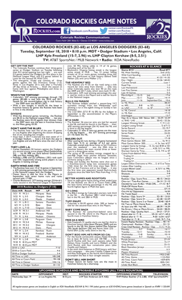 Colorado Rockies Game Notes