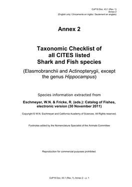 Annex 2 Taxonomic Checklist of All CITES Listed Shark and Fish Species