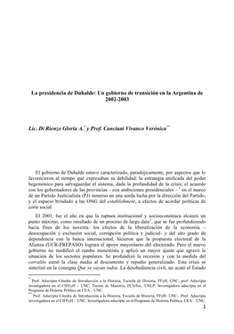 La Presidencia De Duhalde: Un Gobierno De Transición En La Argentina De 2002-2003