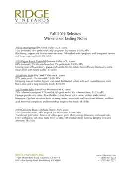 Fall 2020 Releases Winemaker Tasting Notes