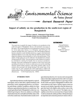 Impact of Salinity on Rice Production in the South-West Region of Bangladesh