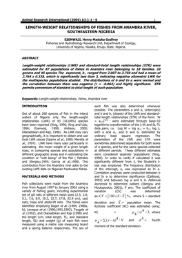 Length-Weight Relationship of Fishes from Anambra River, Southeastern