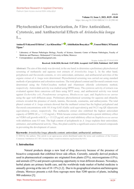 Phytochemical Characterization, in Vitro Antioxidant, Cytotoxic, and Antibacterial Effects of Aristolochia Longa L