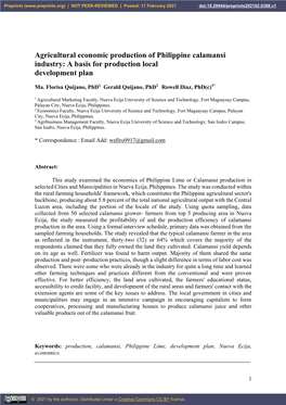 Agricultural Economic Production of Philippine Calamansi Industry: a Basis for Production Local Development Plan