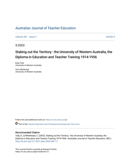 The University of Western Australia, the Diploma in Education and Teacher Training 1914-1956