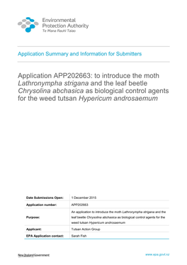 Application APP202663: to Introduce the Moth Lathronympha Strigana