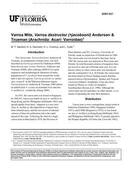 Varroa Mite, Varroa Destructor (=Jacobsoni) Anderson & Trueman