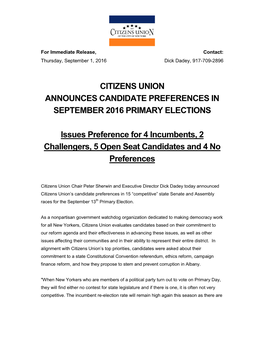 Citizens Union Announces Candidate Preferences in September 2016 Primary Elections