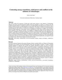 Contesting Energy Transitions: Wind Power and Conflicts in the Isthmus of Tehuantepec