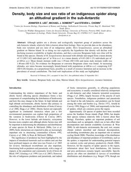 Density, Body Size and Sex Ratio of an Indigenous Spider Along an Altitudinal Gradient in the Sub-Antarctic JENNIFER E