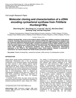 Molecular Cloning and Characterization of a Cdna Encoding Cycloartenol Synthase from Fritillaria Thunbergii Miq