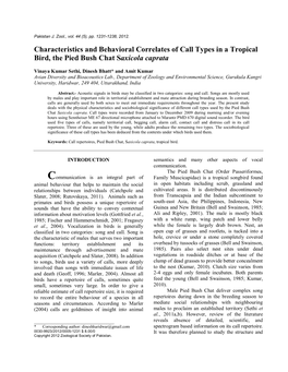 Characteristics and Behavioral Correlates of Call Types in a Tropical Bird, the Pied Bush Chat Saxicola Caprata