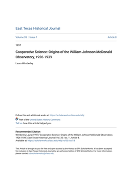 Origins of the William Johnson Mcdonald Observatory, 1926-1939