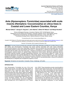 Ants (Hymenoptera: Formicidae) Associated with Scale Insects (Hemiptera: Coccomorpha) on Citrus Trees in Coastal and Lower Eastern Counties, Kenya