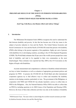 PRELIMINARY RESULTS of the SURVEY on PERSONS with DISABILITIES (Pwds) CONDUCTED in SELECTED METRO MANILA CITIES