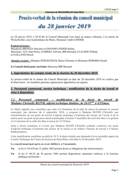 1. Approbation Du Compte Rendu De La Réunion Du 20 Décembre 2019. 2. Personnel Communal, Service Technique : Modification De L