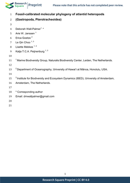 Fossil-Calibrated Molecular Phylogeny of Atlantid Heteropods 2 (Gastropoda, Pterotracheoidea) 3 4 Deborah Wall-Palmer1, * 5 Arie W