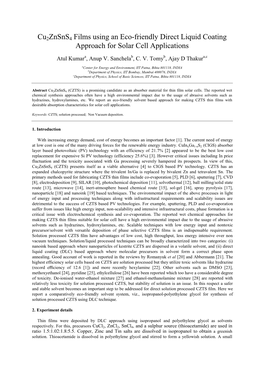 Cu2znsns4 Films Using an Eco-Friendly Direct Liquid Coating Approach for Solar Cell Applications