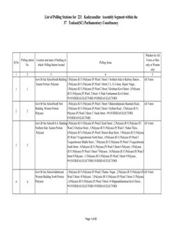 List of Polling Stations for 221 Kadayanallur Assembly Segment Within the 37 Tenkasi(SC) Parliamentary Constituency