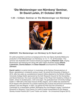 Die Meistersinger Von Nürnberg' Seminar, Dr David Larkin, 21 October 2018