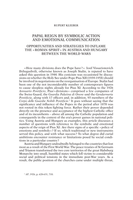 Papal Reign by Symbolic Action and Emotional Communication Opportunities and Strategies to Inflame the « Roman Spirit » in Austria and Hungary Between the World Wars