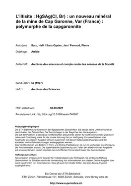 Hgsag(Cl, Br) : Un Nouveau Minéral De La Mine De Cap Garonne, Var (France) : Polymorphe De La Capgaronnite