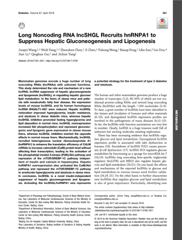 Long Noncoding RNA Lncshgl Recruits Hnrnpa1 to Suppress Hepatic Gluconeogenesis and Lipogenesis