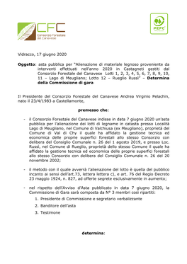 Vidracco, 17 Giugno 2020 Oggetto: Asta Pubblica Per “Alienazione Di Materiale Legnoso Proveniente Da Interventi Effettuati Ne