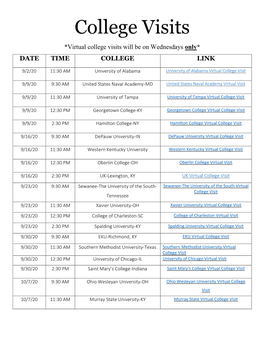 College Visits *Virtual College Visits Will Be on Wednesdays Only* DATE TIME COLLEGE LINK