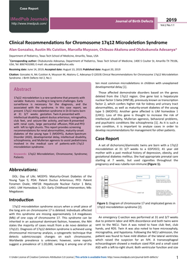 Clinical Recommendations for Chromosome 17Q12 Microdeletion Syndrome Alan Gonzalez, Austin Mc Cuistion, Marcella Muysson, Chibuzo Akalonu and Olubukunola Adesanya*