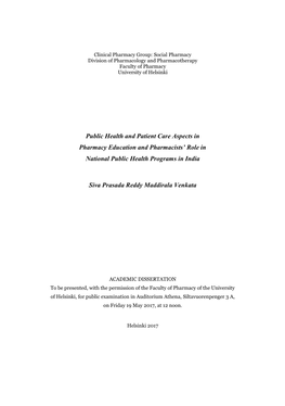 Public Health and Patient Care Aspects in Pharmacy Education and Pharmacists’ Role in National Public Health Programs in India