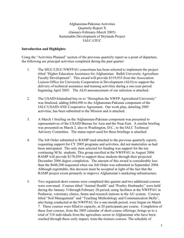 Afghanistan-Pakistan Activities Quarterly Report X (January-February-March 2005) Sustainable Development of Drylands Project IALC-UIUC