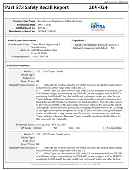 Part 573 Safety Recall Report 20V-024