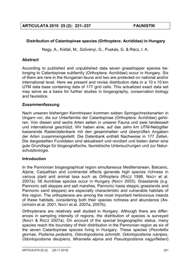 ARTICULATA 2010 25 (2): 221–237 FAUNISTIK Distribution of Catantopinae Species (Orthoptera: Acrididae) in Hungary Nagy