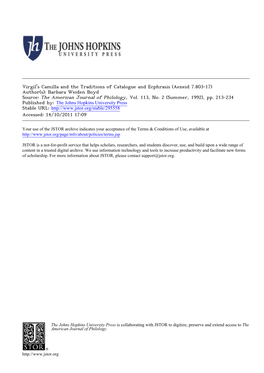 Virgil's Camilla and the Traditions of Catalogue and Ecphrasis (Aeneid 7.803-17) Author(S): Barbara Weiden Boyd Source: the American Journal of Philology, Vol