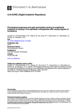 Phonological Awareness and Rapid Automatized Naming As Longitudinal Predictors of Reading in Five Alphabetic Orthographies with Varying Degrees of Consistency