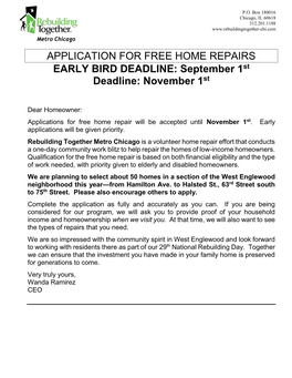 APPLICATION for FREE HOME REPAIRS EARLY BIRD DEADLINE: September 1St Deadline: November 1St