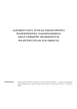 Alfabetyczny Wykaz Miejscowości Województwa Małopolskiego Oraz Urzędów Skarbowych Właściwych Do Ich Obsługi