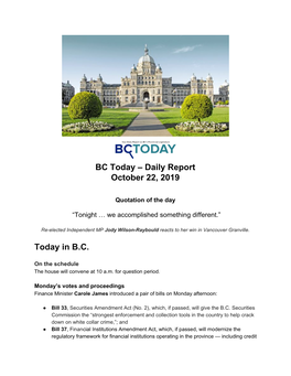 BC Today – Daily Report October 22, 2019